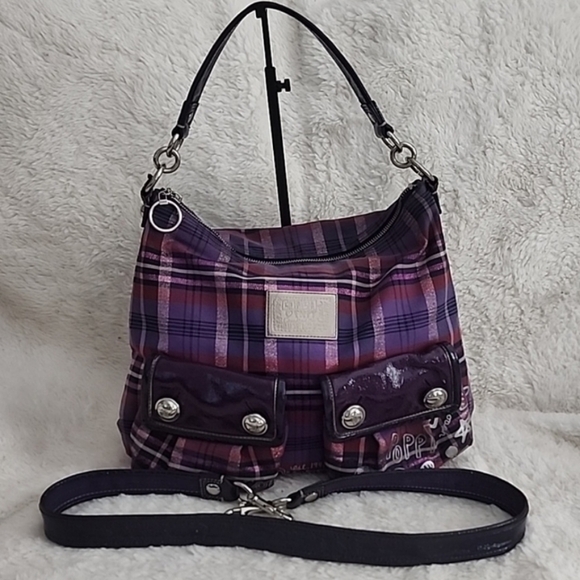 Coach Poppy Purple Tartan Metallic Shoulder Bag Purse